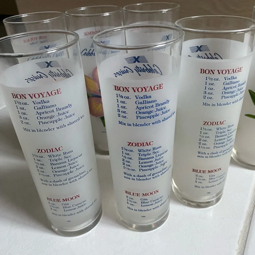 Set of 7 Vintage Celebrity Cruises Orchid Frosted Cocktail Glasses
